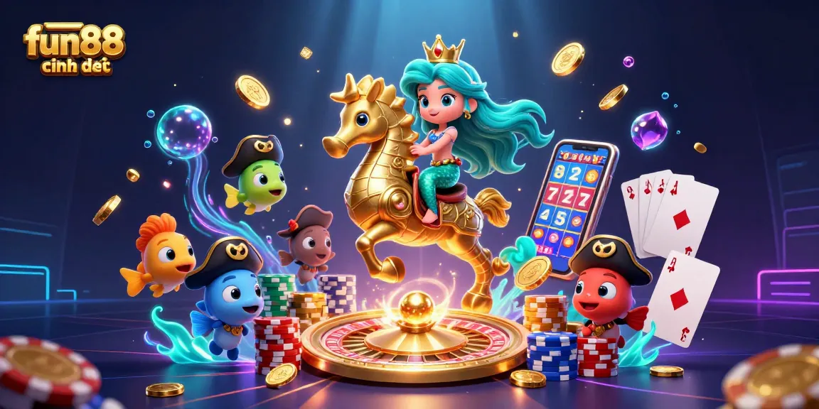 Experience the joy of fun88 chính thức with vibrant casino-themed characters amidst flying coins and dazzling game elements.