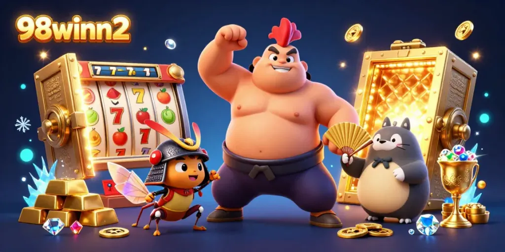 Spin and win big with 98winn2's exciting gaming elements in a vibrant casino scene.