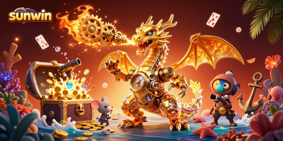 Experience sunwin action in a vibrant 3D casino scene with gold coins and playing cards.
