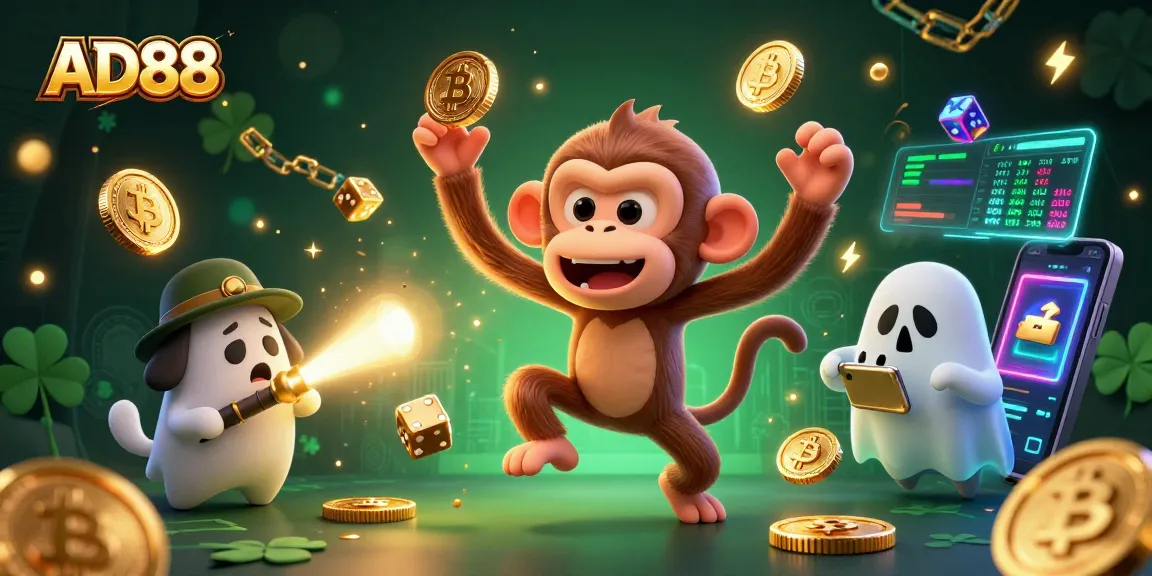 AD88 features a playful ghost-hunter puppy tracking an invisible monkey juggling crypto coins.