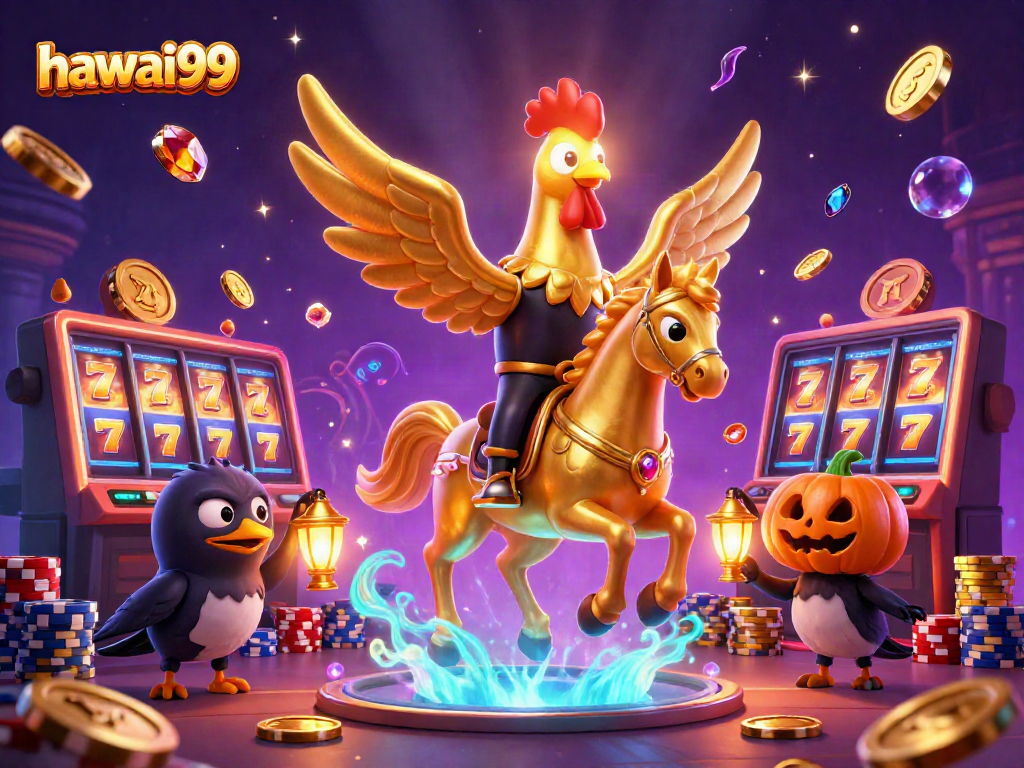 Experience hawai99 in a vibrant casino scene with golden roosters and thrilling slot machines.