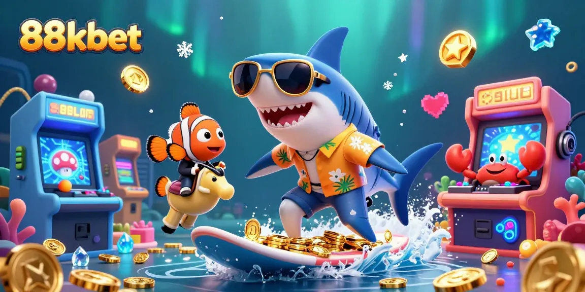 88kbet gaming scene features a shark on gold coins, clownfish on seahorse and crab DJ