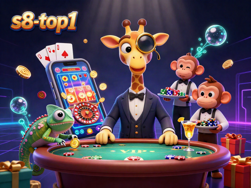 s8-top1 casino adventure featuring a high-roller giraffe at a poker table with dynamic gaming elements
