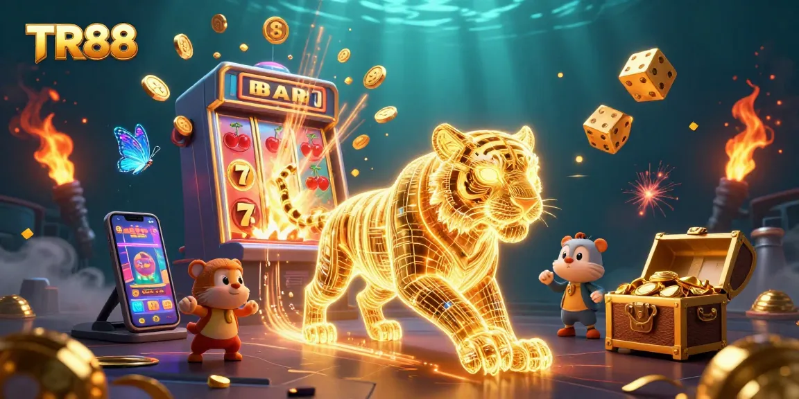 Experience TR88's vibrant casino world with a dynamic scene of a golden tiger and winning elements.