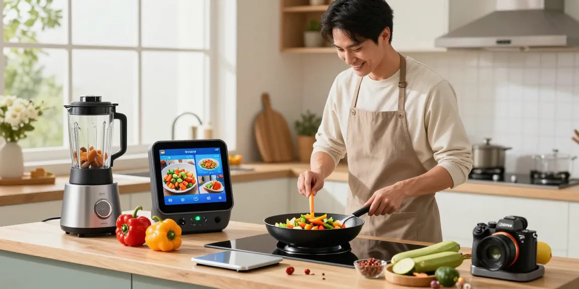 Home cook using AI cooking gadgets to prepare a fresh vegetable stir-fry in a bright kitchen.