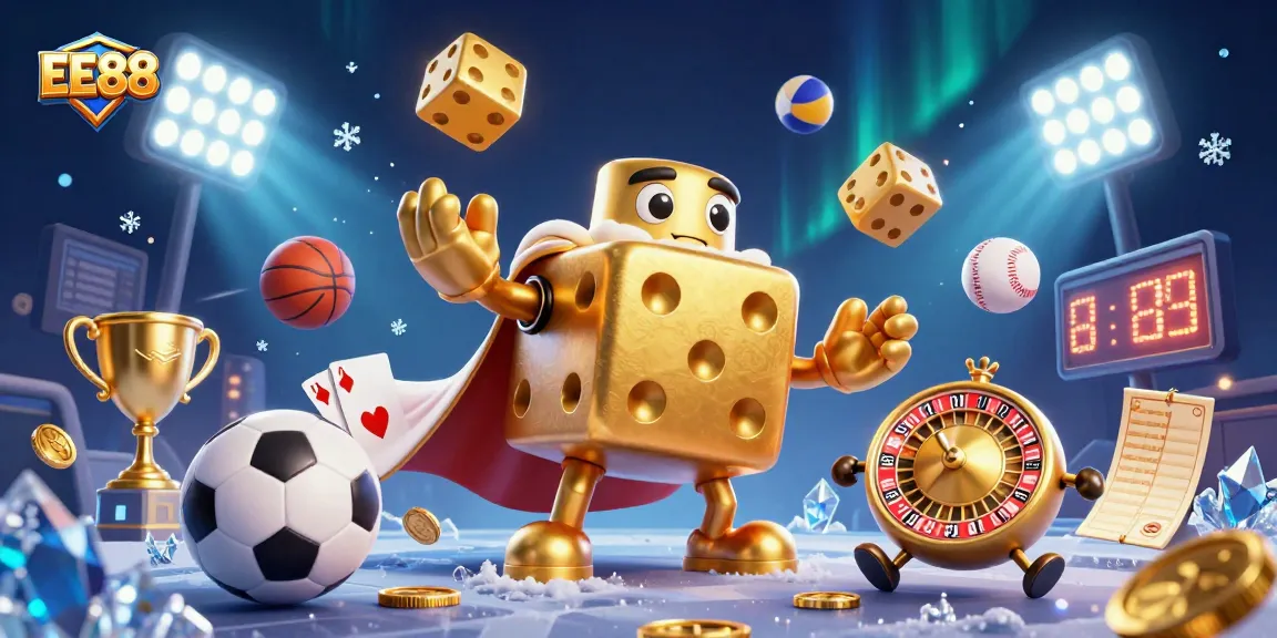 EE88 showcases a dynamic illustration featuring a golden dice golem navigating multiple exciting sports elements.