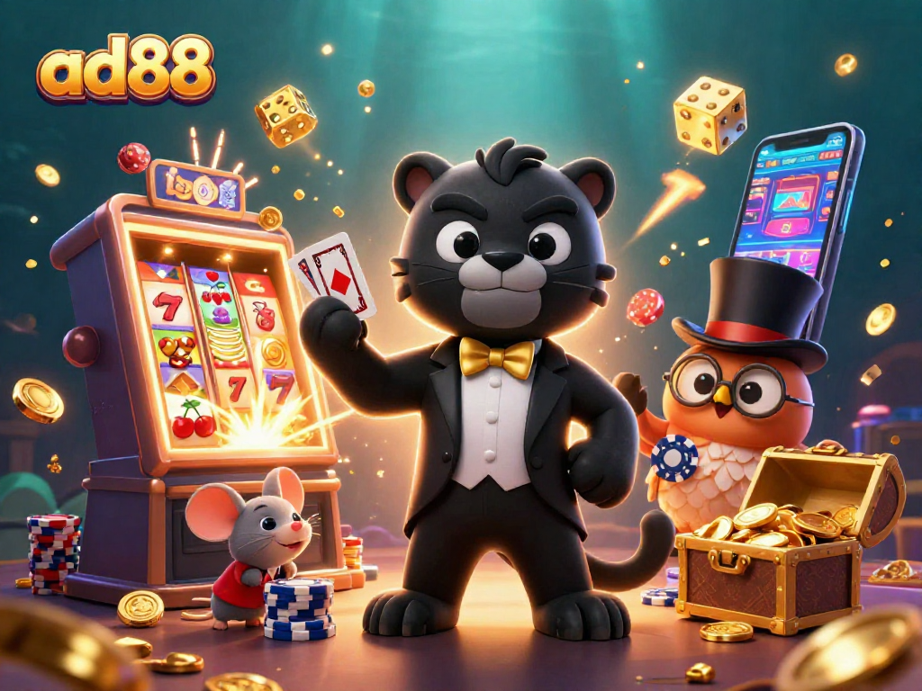 ad88 brings excitement as a black panther deals cards amidst a jackpot explosion of casino elements.