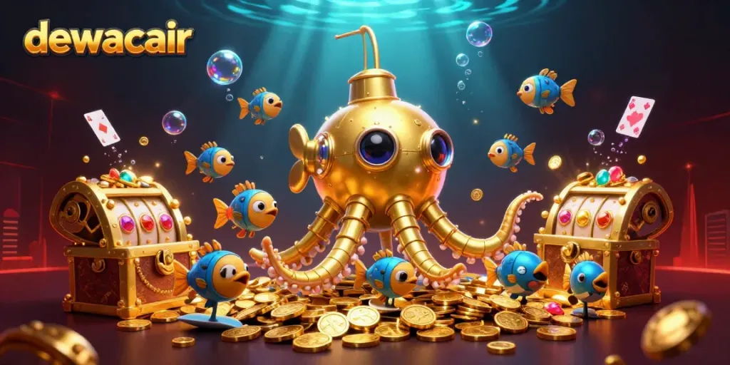 Dewacair's golden kraken submarine emerging from treasure, surrounded by slot reels and glowing gems in a dynamic casino scene.