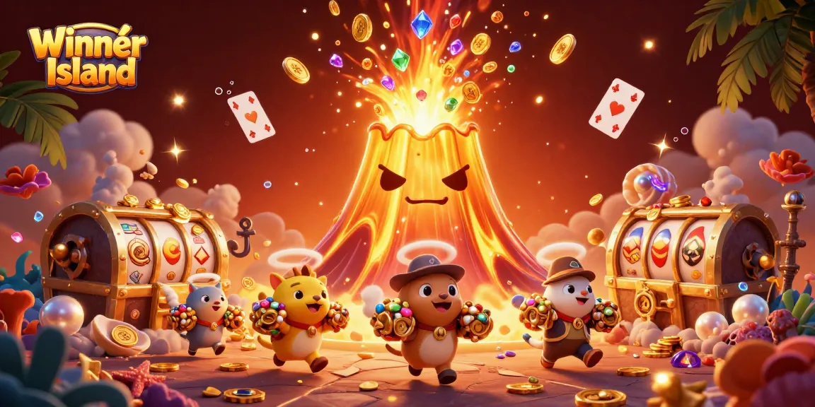 Winner Island presents an exciting illustration of a volcano erupting with coins and treasure, embodying thrilling casino fun.