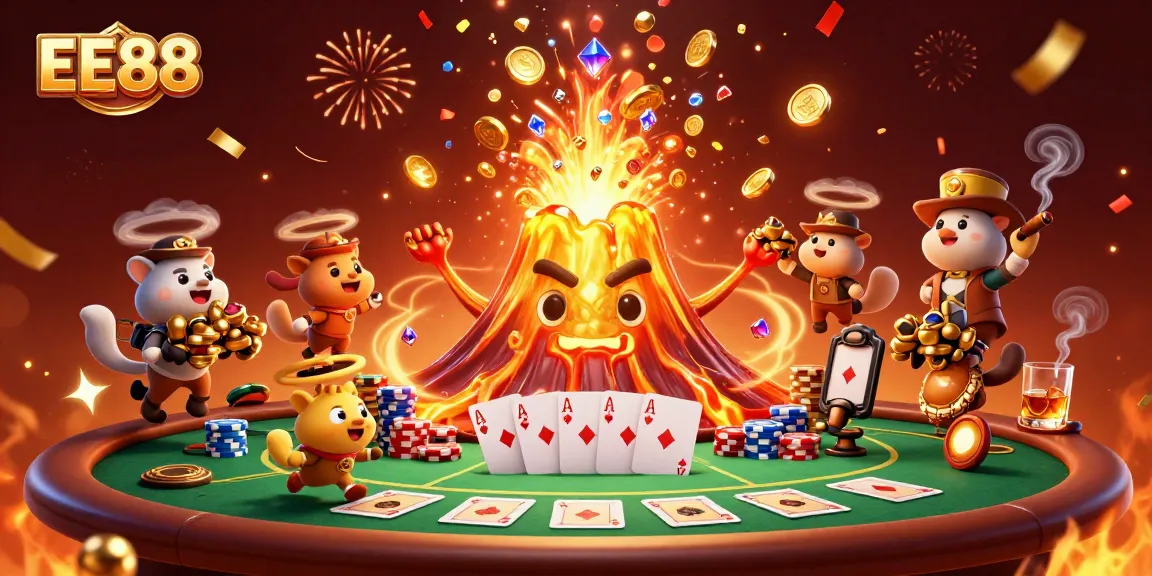Win big with EE88 at this dynamic casino-themed illustration featuring poker frenzy.