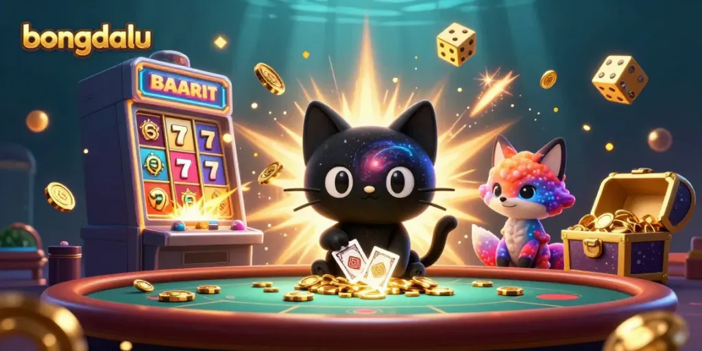 Bongdalu shows an ultra-detailed cosmic cat and nebula fox in a vibrant casino scene, capturing the thrill of gaming.