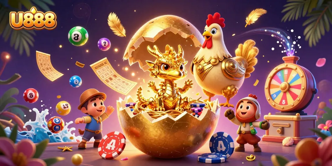 Play exciting games with U888 in a vibrant 3D scene showcasing lottery elements and golden treasures.
