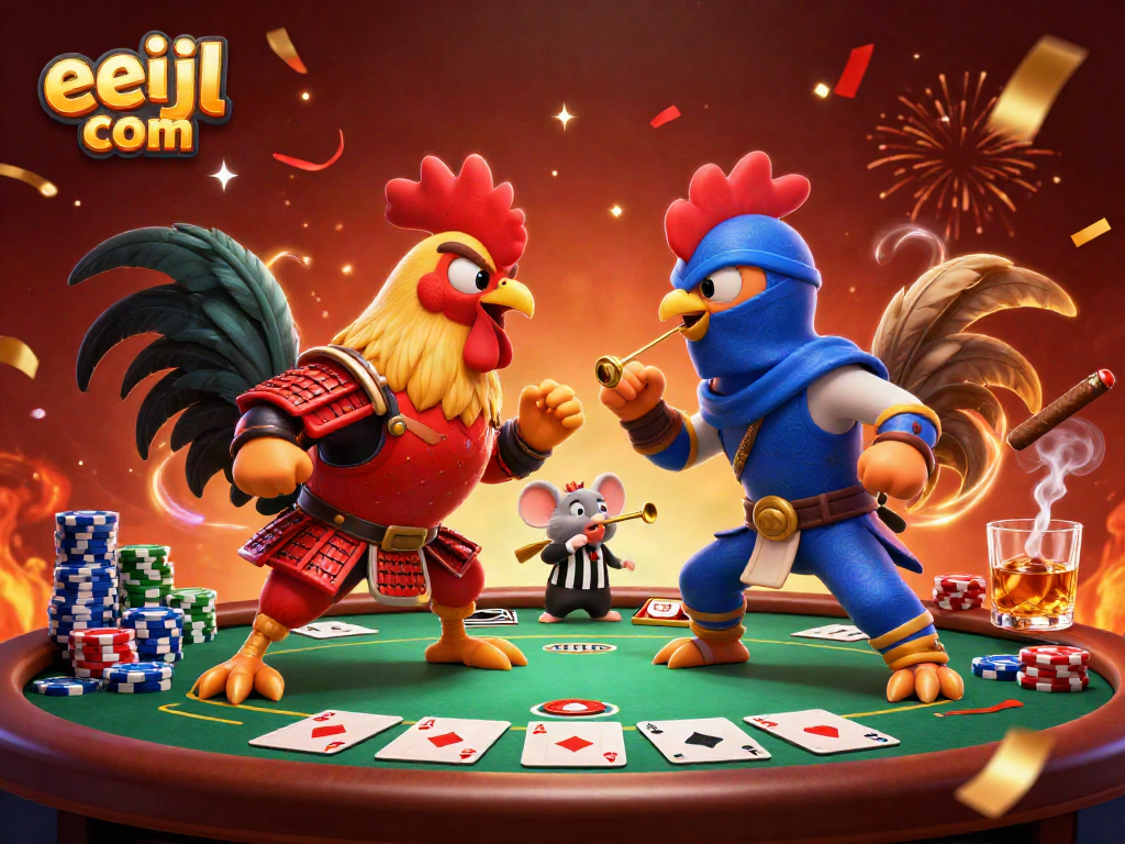 Experience thrilling standoffs with eejl com's vibrant 3D casino scene featuring roosters.