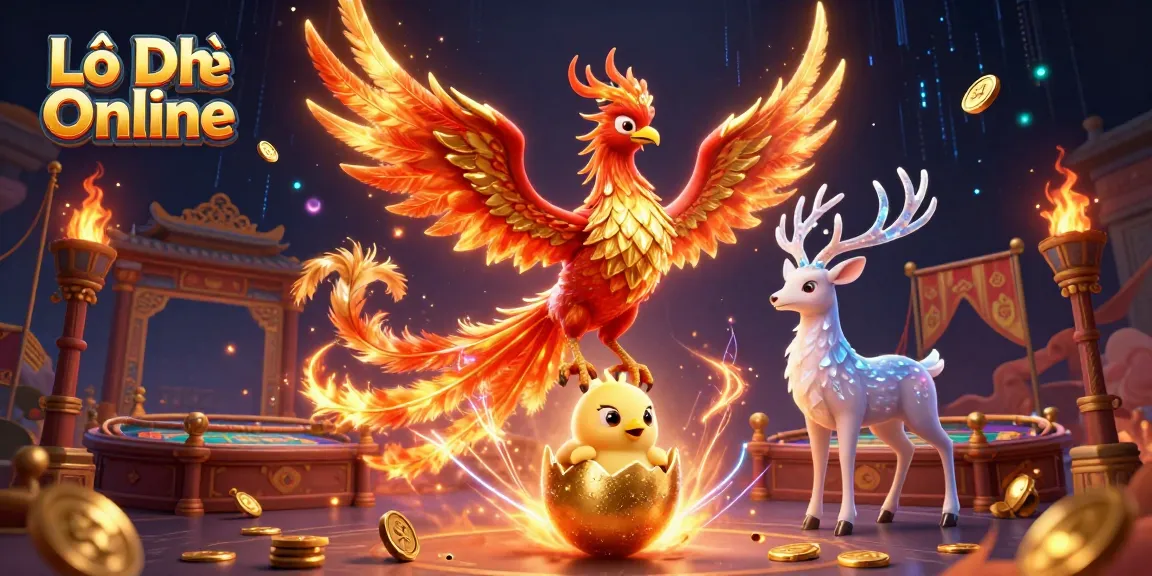 Lô Đề Online showcases an electrifying scene with phoenix and gaming elements, capturing the thrill of online betting.