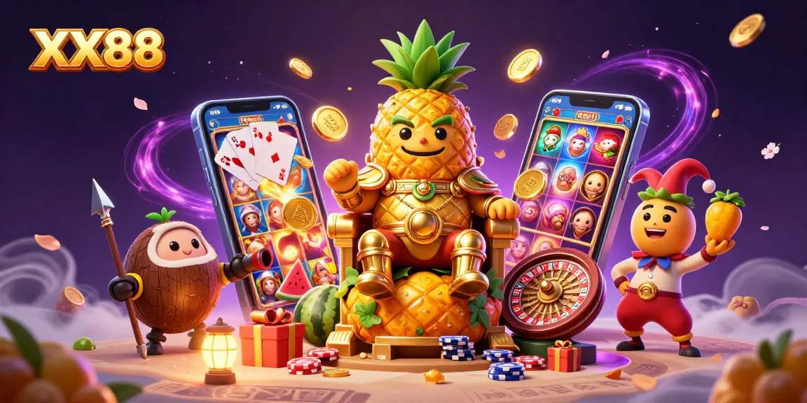 Join the fun at XX88 where the golden pineapple king and friends celebrate with thrilling casino action!