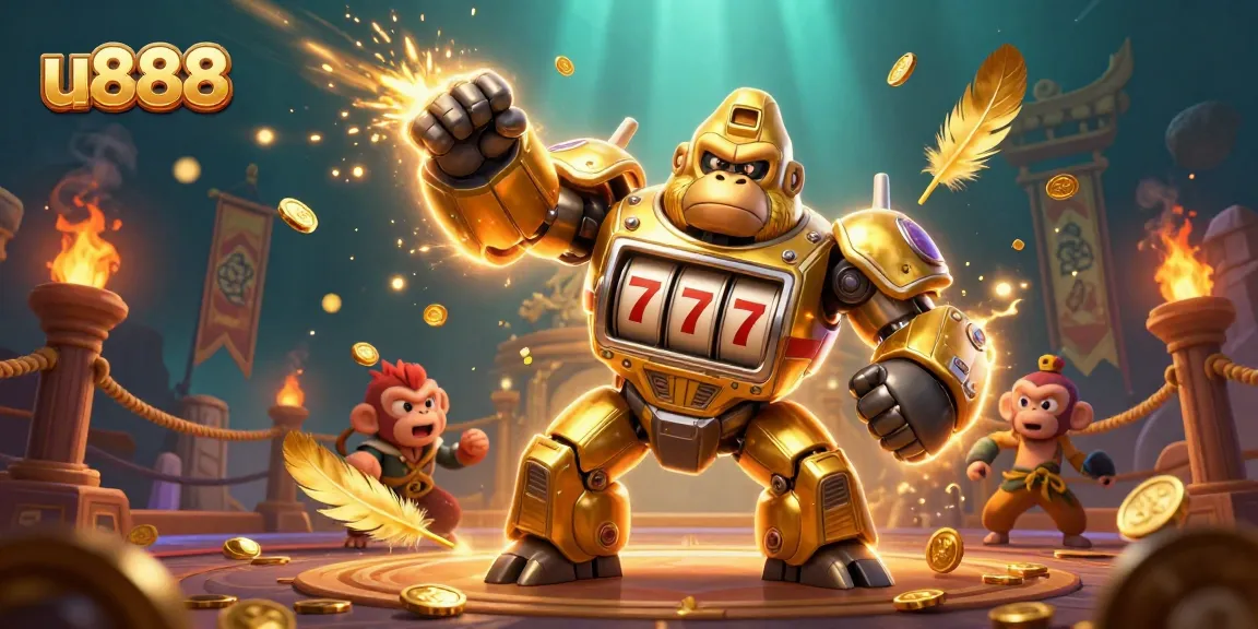 Experience thrilling gaming at u888 with a dynamic 3D illustration showcasing animated slot machine action and a lively casino atmosphere.