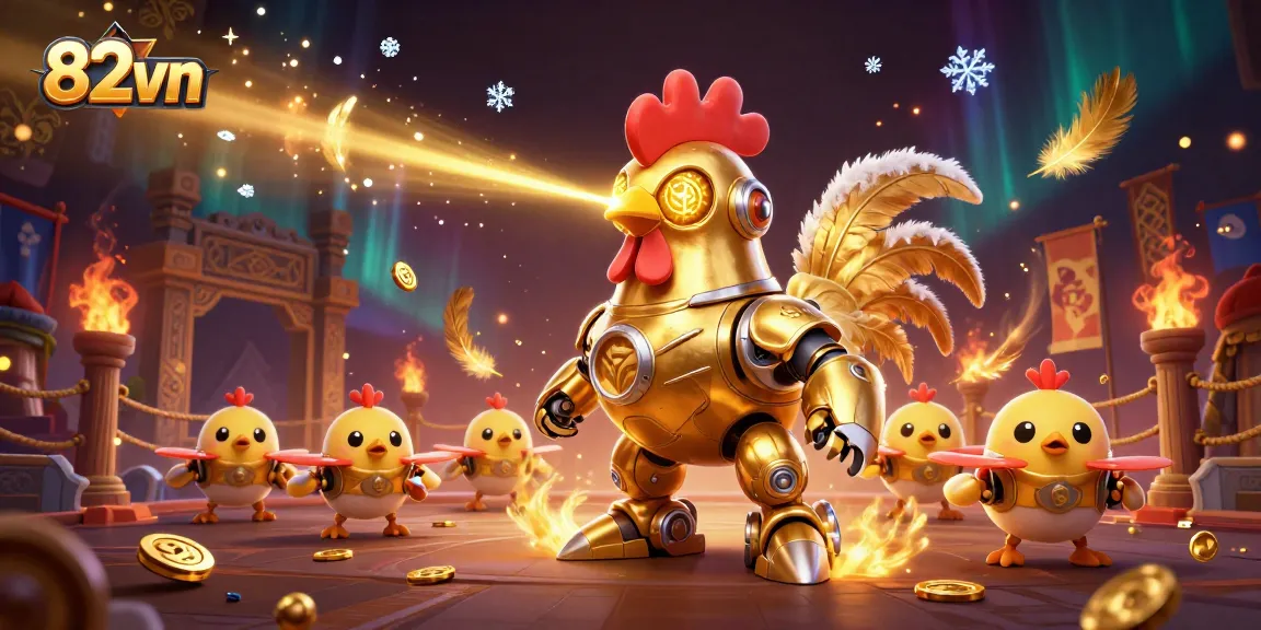 Engage in thrilling gameplay at 82vn with the golden rooster robot and its chick drone crew.