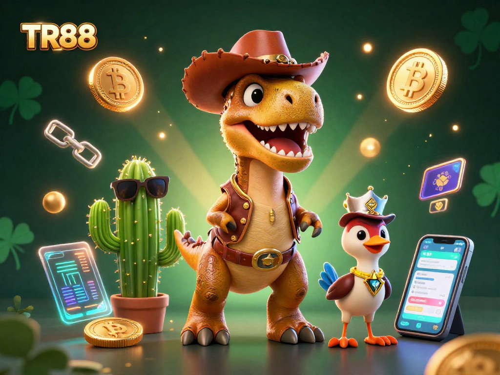 TR88's dynamic scene showcasing a cowboy dinosaur with crypto symbols in an engaging casino environment.