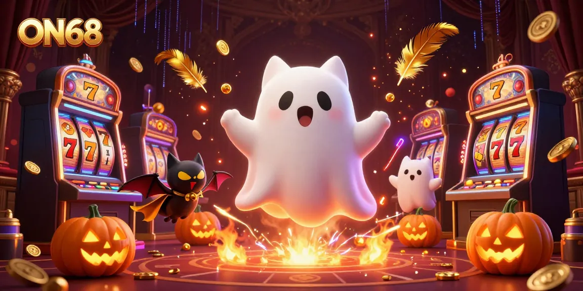 Immerse in ON68's thrilling casino adventure featuring a ghost cat and vampire bat in a vibrant 3D scene.