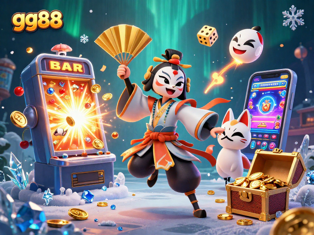Spin and win at gg88 with a vibrant scene featuring kabuki characters, cascading coins, and lively slot action.