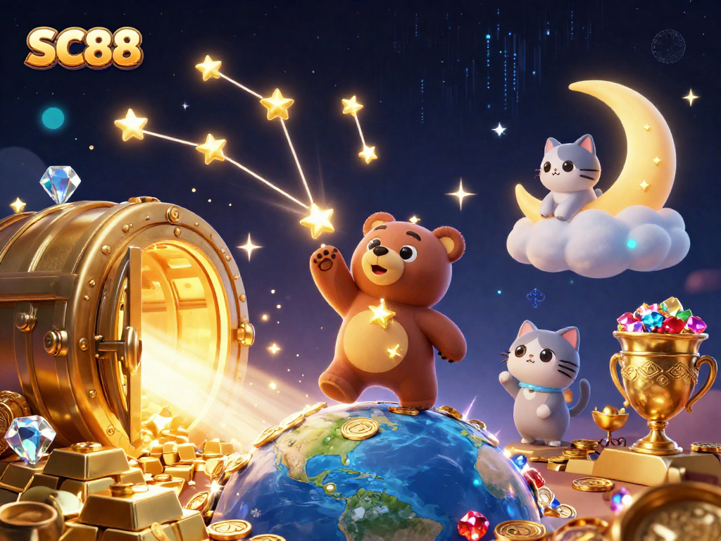 Experience thrilling wins with SC88 as the constellation bear scoops up coins in a magical casino scene.