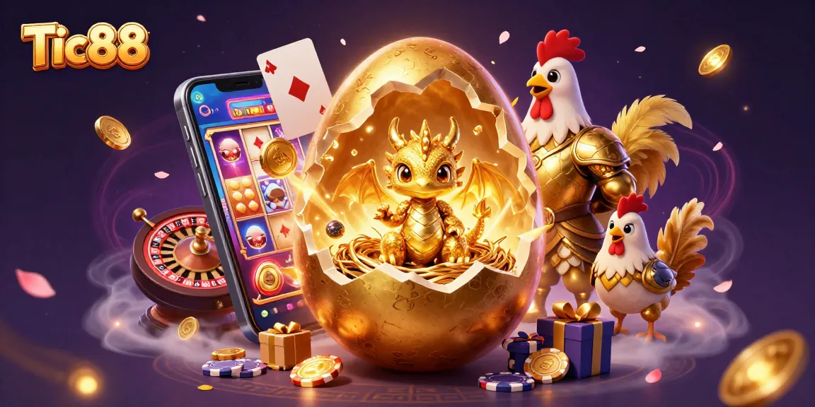 Play at Tic88 and win big as a golden dragon emerges from a cracking egg amidst casino treasures.