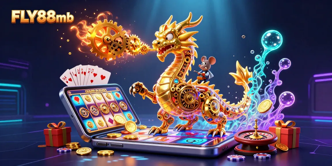 Experience thrilling action with FLY88mb's vibrant illustration featuring a golden dragon and slot games.