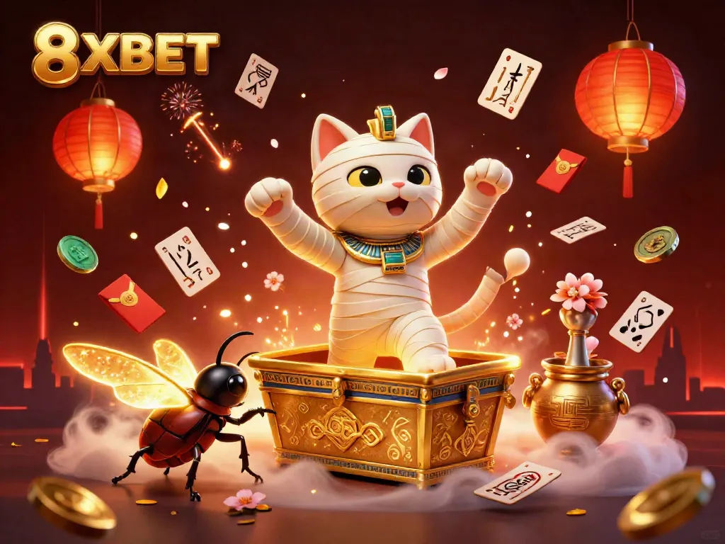 8XBET showcases fun gameplay with an Egyptian mummy cat and vibrant casino elements in a lively scene.