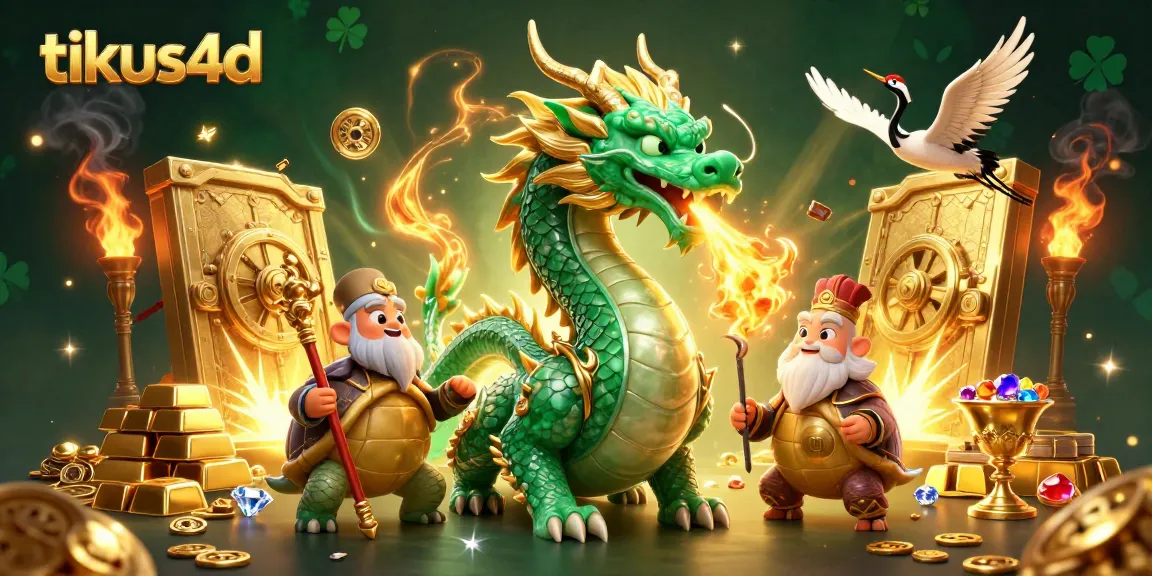 Tikus4D illustration showcasing a jade dragon and turtle sage surrounded by wealth and fortune, depicting online casino themes.