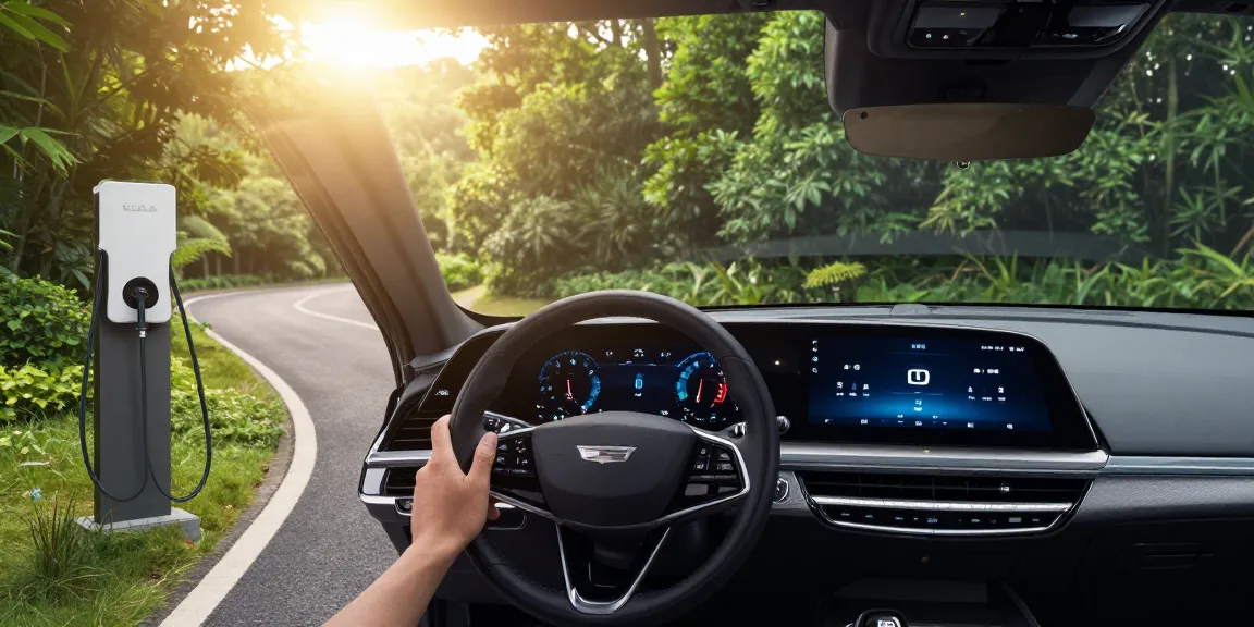 Exploring do the driving modes in Cadillac Lyriq offer different ranges or battery usages with a driver adjusting settings during a scenic drive.