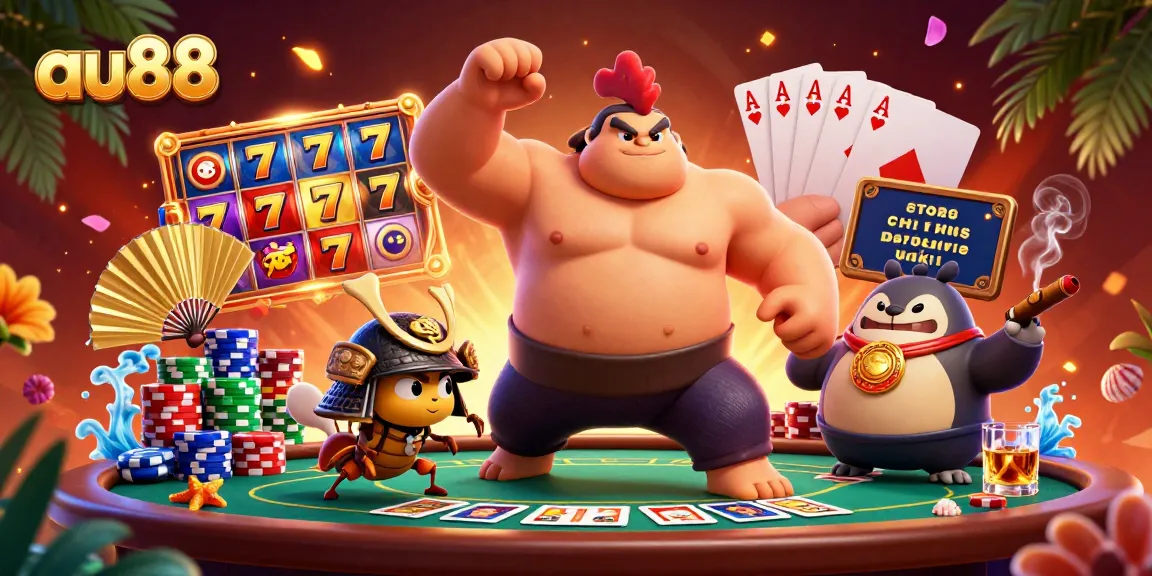 Experience the thrill of au88 with a dynamic 3D illustration featuring a powerful sumo rooster and a fierce cricket.