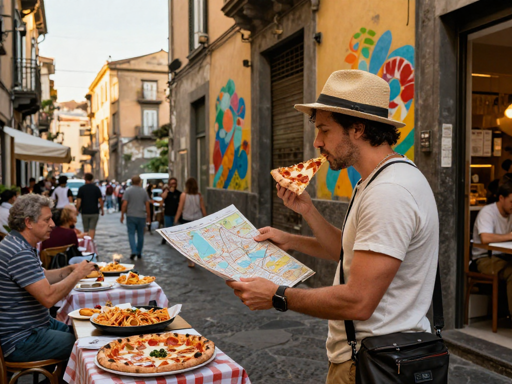 Experiencing lavowin login amidst Naples' vibrant streets while enjoying traditional cuisine.