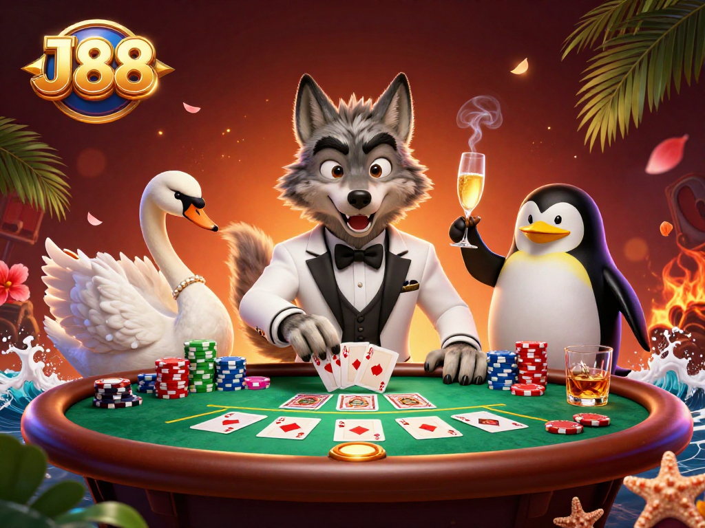 Experience J88's exciting baccarat scene featuring charming characters and vibrant casino elements