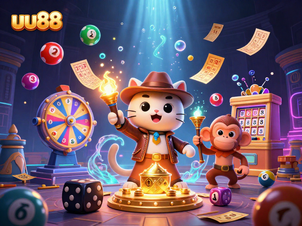 uu88 presents a vibrant 3D scene with a cat archaeologist and monkey amidst thrilling casino artifacts.