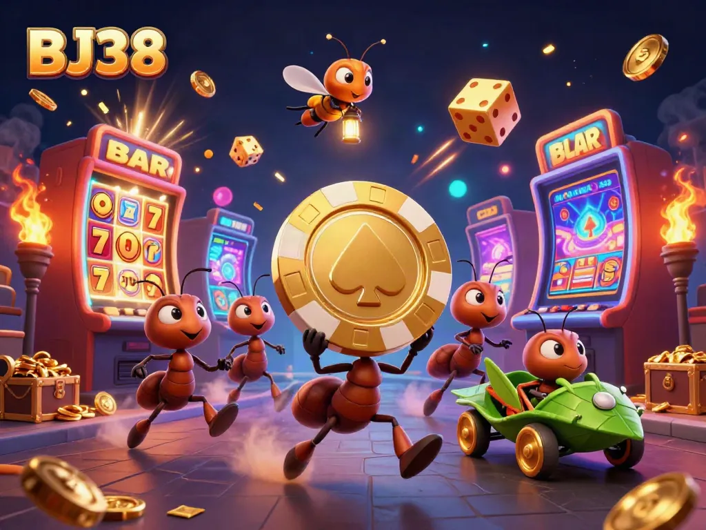 Experience thrilling wins with BJ38, featuring a heist by cartoon ants amid casino games and golden jackpots.