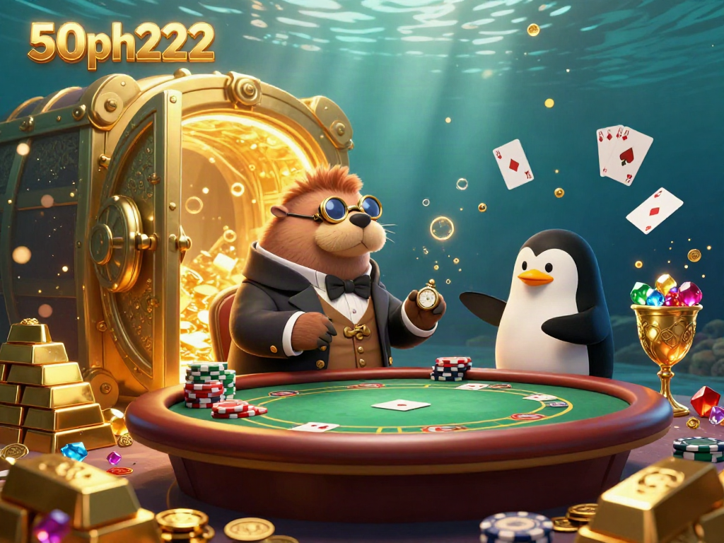 Play poker with 50ph222's jolly walrus and sophisticated dealer amidst treasures in this vibrant scene.