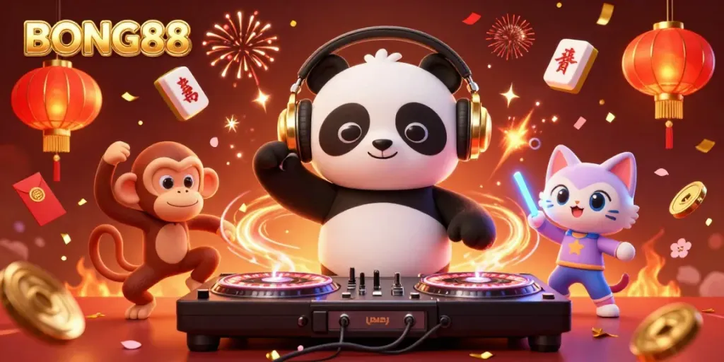 BONG88 offers a vibrant casino atmosphere with characters celebrating and playing amidst colorful festive elements.