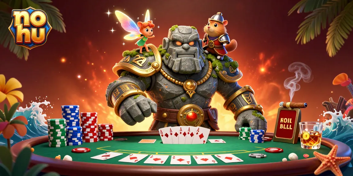 Experience no hu excitement with golem guardian and hamster knight at a vibrant poker table.