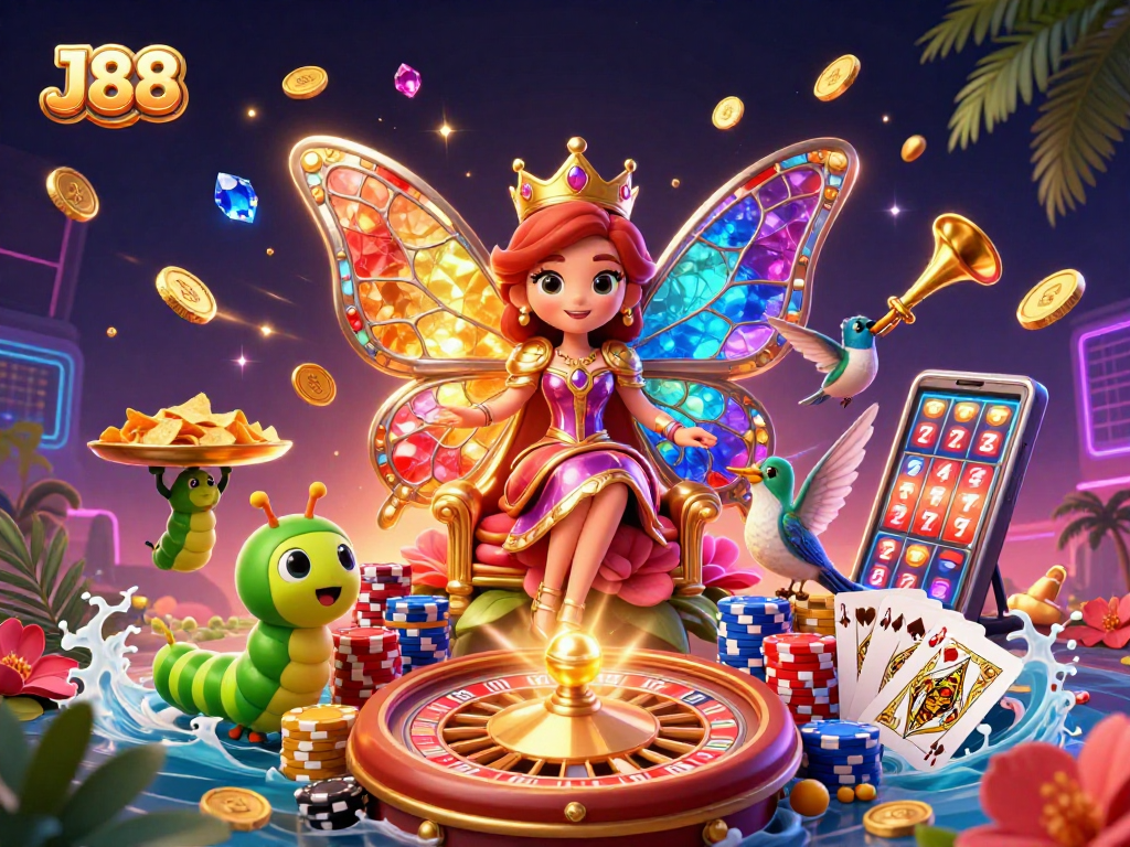 Experience J88's vibrant gaming scene with dazzling slots, jewels, and casino excitement.