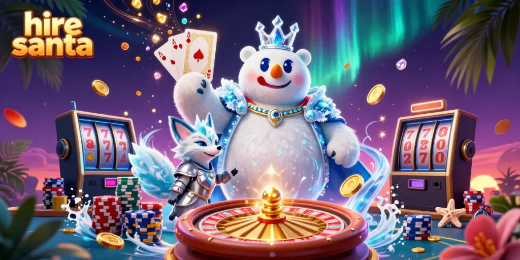 Hire Santa as a festive casino adventure with a polar bear and snow fox amidst sparkling gems and coins.