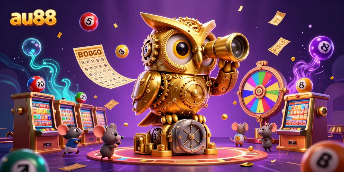 Engage with au88's lively gaming scene featuring a golden owl overseeing a thrilling casino adventure.