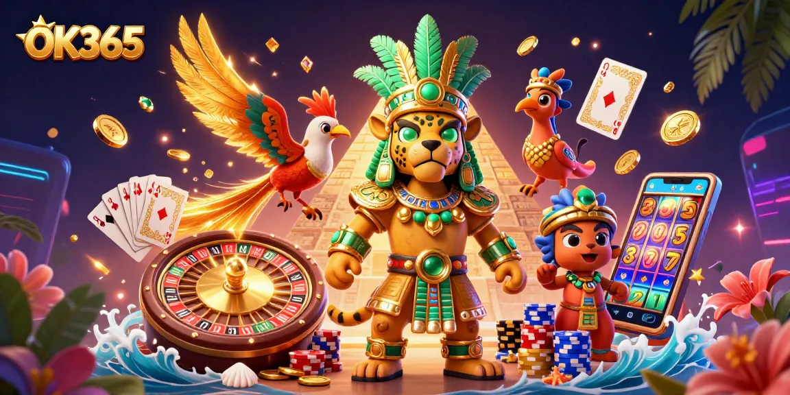Engage with OK365’s vibrant casino gaming featuring a Mayan priest, golden coins, and thrilling roulette.