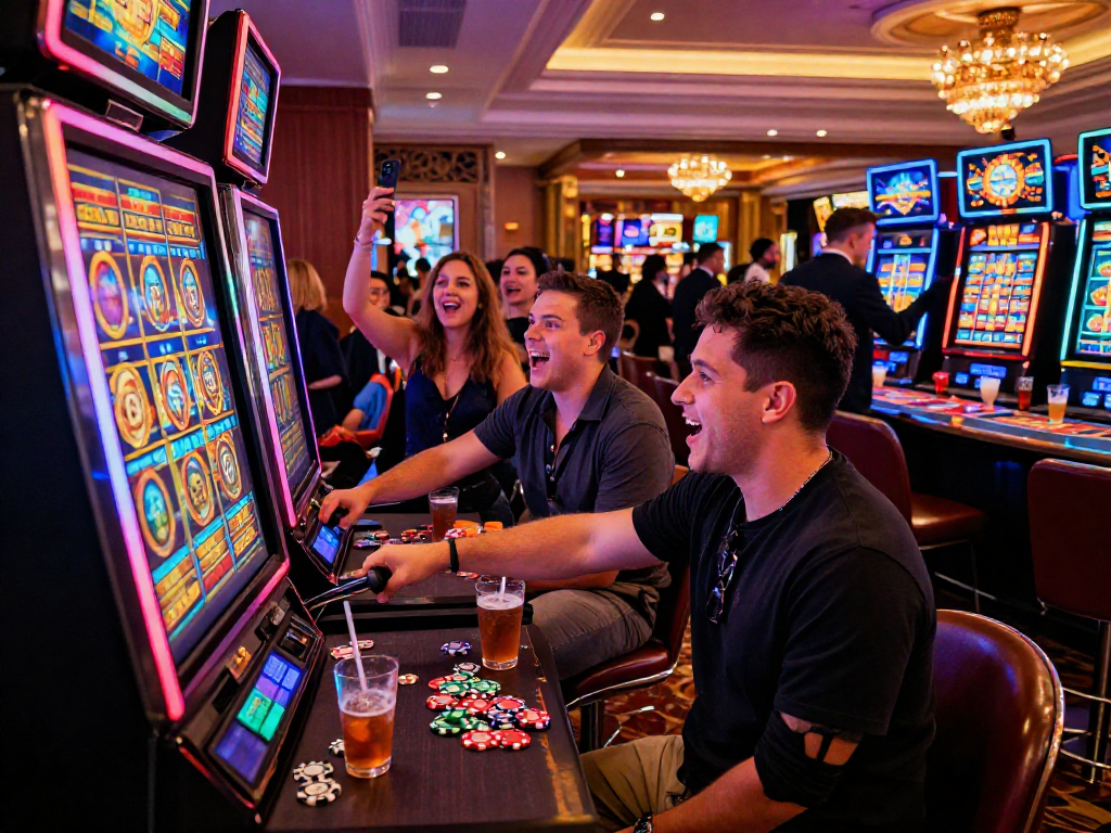 Excited players celebrating a slot jackpot win in a vibrant casino atmosphere.