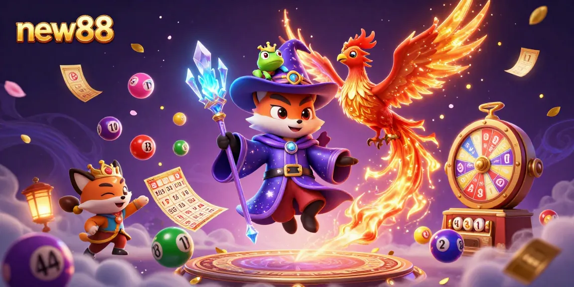 Experience new88's exciting gaming world with a mystical wizard, phoenix, and vibrant casino elements.
