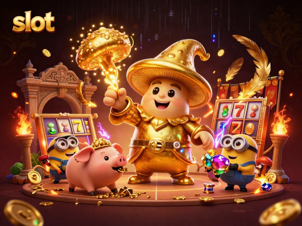 Spin the slot reels with golden wizard and treasure-hunting truffle pig in an exciting casino scene.