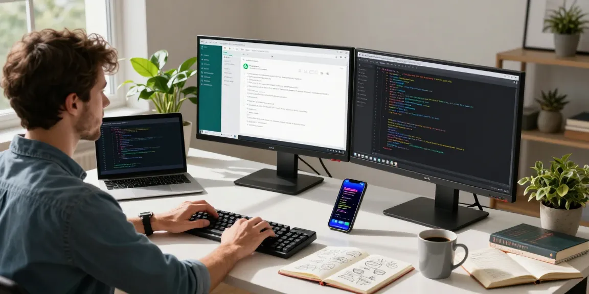 Developer using WhatsApp電腦版 at a sleek workspace with dual monitors and coding elements.