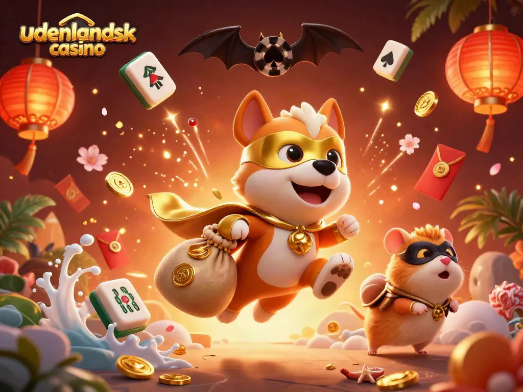 Experience the excitement of udenlandsk casino with a superhero dog and dynamic casino elements.