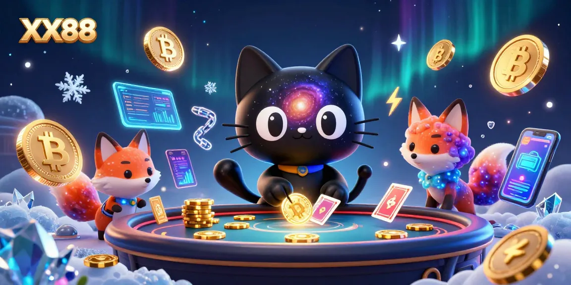 Engage in thrilling gambling at XX88 casino with vibrant cosmic characters and crypto elements.