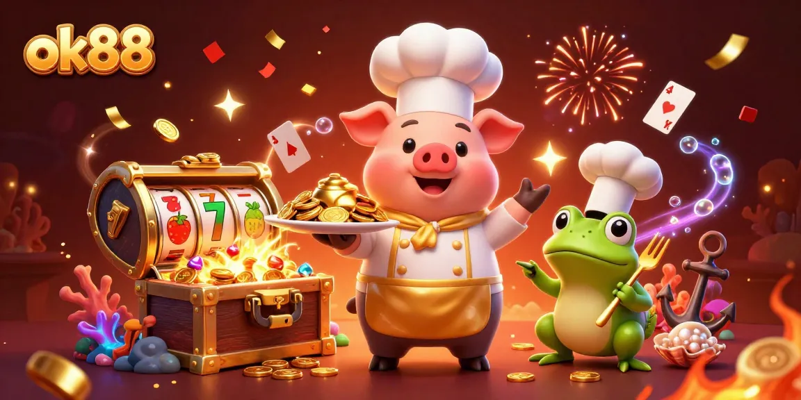ok88 encourages winning with a vibrant scene of a chef pig and a frog critic enjoying a rich casino atmosphere.