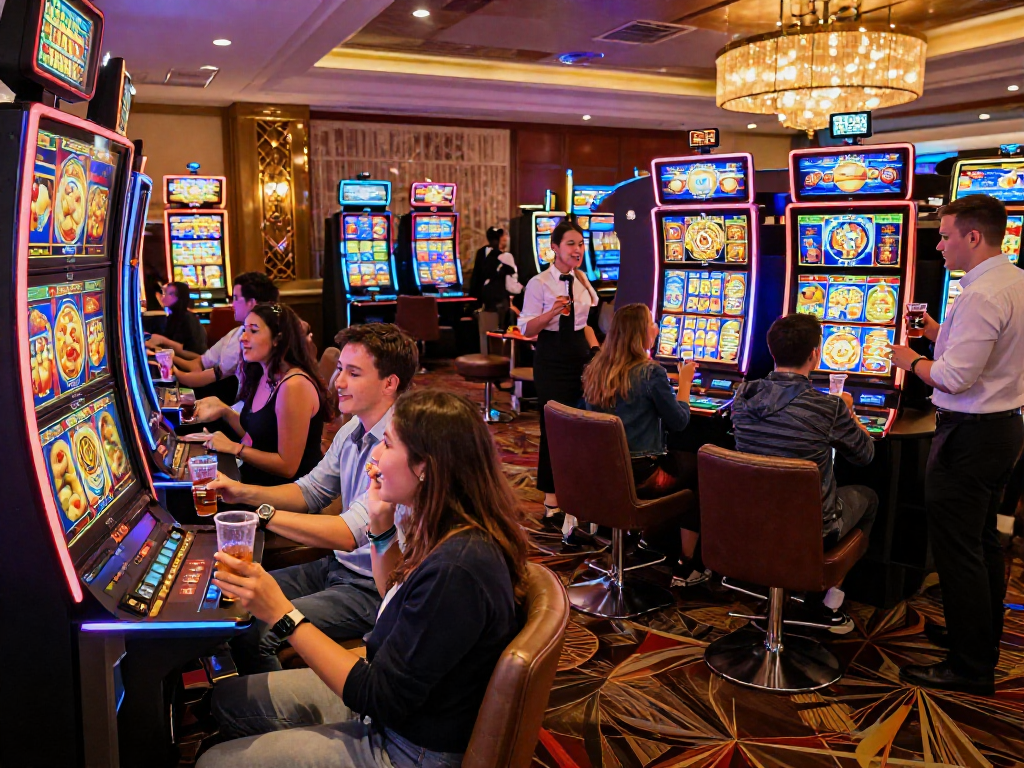 Group celebrating a slot jackpot win at vibrant casino slot machines with bright lights and happy expressions.